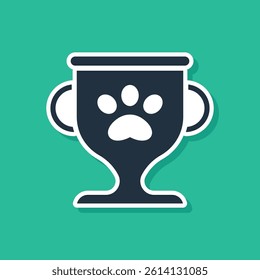 Blue Pet award symbol icon isolated on green background. Medal with dog footprint as pets exhibition winner concept.  Vector