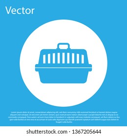 Blue Pet carry case icon isolated on blue background. Carrier for animals, dog and cat. Container for animals. Animal transport box. White circle button. Vector Illustration