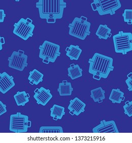 Blue Pet carry case icon isolated seamless pattern on blue background. Carrier for animals, dog and cat. Container for animals. Animal transport box. Vector Illustration
