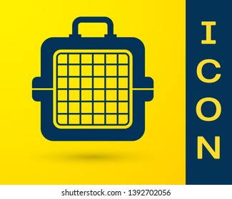 Blue Pet carry case icon isolated on yellow background. Carrier for animals, dog and cat. Container for animals. Animal transport box. Vector Illustration