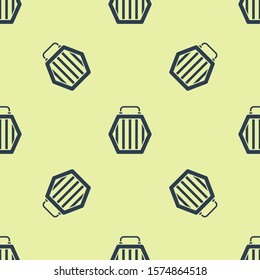 Blue Pet carry case icon isolated seamless pattern on yellow background. Carrier for animals, dog and cat. Container for animals. Animal transport box.  Vector Illustration
