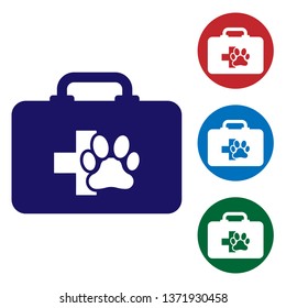 Blue Pet first aid kit icon isolated on white background. Dog or cat paw print. Clinic box. Set color icon in circle buttons. Vector Illustration
