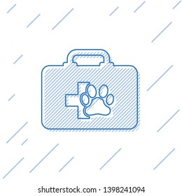 Blue Pet first aid kit line icon isolated on white background. Dog or cat paw print. Clinic box. Vector Illustration