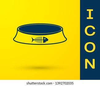 Blue Pet food bowl for cat or dog icon isolated on yellow background. Fish skeleton sign. Vector Illustration