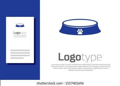 Blue Pet food bowl for cat or dog icon isolated on white background. Dog or cat paw print. Logo design template element. Vector Illustration