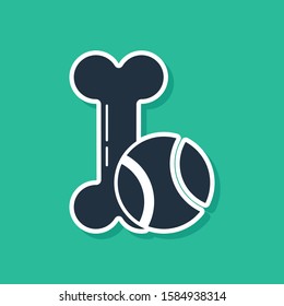 Blue Pet toys bone rubber and ball icon isolated on green background.  Vector Illustration