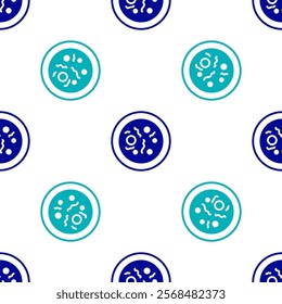 Blue Petri dish with bacteria icon isolated seamless pattern on white background.  Vector