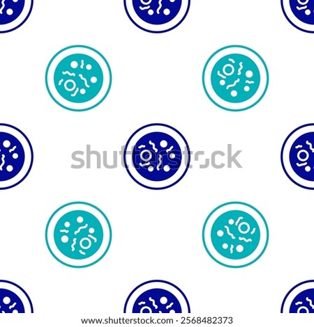 Blue Petri dish with bacteria icon isolated seamless pattern on white background.  Vector