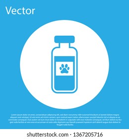 Blue Pets vial medical icon isolated on blue background. Prescription medicine for animal. White circle button. Vector Illustration
