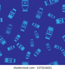 Blue Pets vial medical icon isolated seamless pattern on blue background. Prescription medicine for animal. Vector Illustration