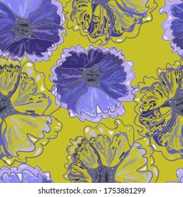 Blue and blue petunias and contours on a mustard background, vector pattern suitable for fabric, textile, paper, wallpaper, napkins
