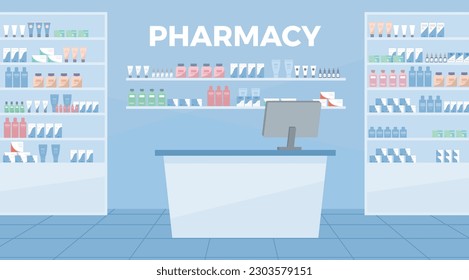 Blue pharmacy interior flat style, vector illustration. Shelves and glass cabinets with medicines, healthcare and treatment, medicine. Pharmacist stand with monitor, store