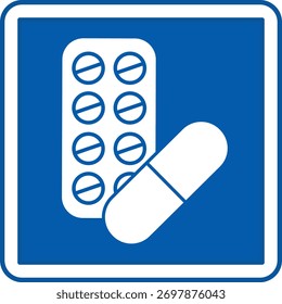 Símbolo de Farmácia Azul. Ícone de vetor. Pílulas e medicamentos. Sinal do Departamento do Hospital