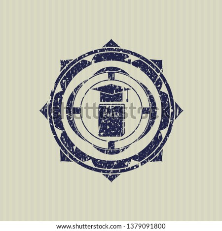 Blue Phd thesis icon inside rubber seal with grunge texture