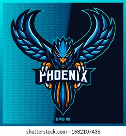 Blue Phoenix grab text esport and sport mascot logo design in modern illustration concept for team badge, emblem and thirst printing. Phoenix illustration on Light Blue Background. Vector illustration