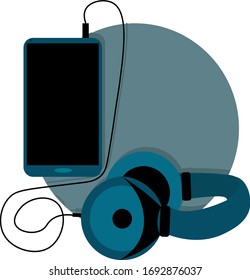 blue phone and big wired headphones. Concept for online music, audio book, podcast and audio guide. Illustration in flat style. 