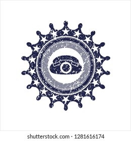 Blue phone icon inside rubber stamp with grunge texture
