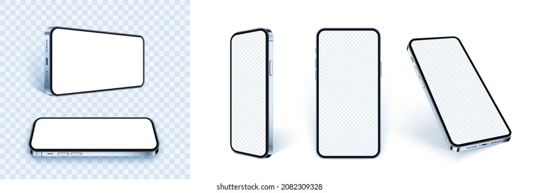 Blue phone mockup set, realistic 3d smartphone with empty screen isolated, vertical and horizontal device for mobile app and web design presentation or advertisement. Different smartphone concept. - Shutterstock ID 2082309328