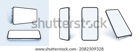 Blue phone mockup set, realistic 3d smartphone with empty screen isolated, vertical and horizontal device for mobile app and web design presentation or advertisement. Different smartphone concept. Foto stock © 