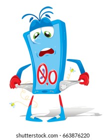 Blue phone with no money. Zero balance. The smartphone opens the pockets and surprised that it's empty. Fly only small SIM cards. Colorful clipart.  Vector illustration.