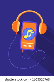 Blue phone with orange headphones and two notes with shadows made in flat style on a blue background.