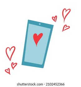 blue phone, red hearts, phone, white background