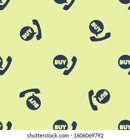 Blue Phone and speech bubble with text Buy icon isolated seamless pattern on yellow background. Online buying symbol. Supermarket basket symbol.  Vector Illustration