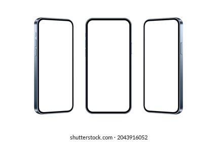 Mockups de teléfonos azules aisladas en fondo blanco, vista frontal y lateral. Ilustración vectorial