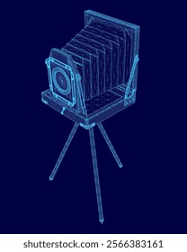 Blue photo of a camera with a blue background. The camera is a vintage style and he is a tripod