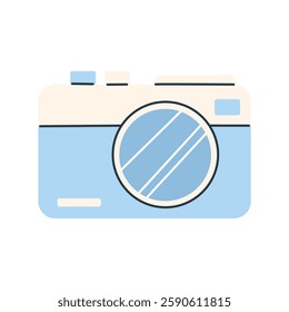 Blue photo camera in flat style isolated on white background. Summer vector clipart.
