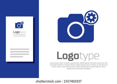 Blue Photo camera and gear icon isolated on white background. Adjusting app, service concept, setting options, maintenance, repair, fixing. Logo design template element. Vector Illustration