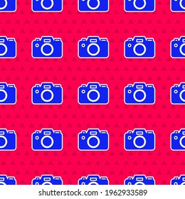 Blue Photo camera icon isolated seamless pattern on red background. Foto camera icon.  Vector