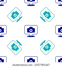 Blue Photo camera icon isolated seamless pattern on white background. Foto camera. Digital photography.  Vector