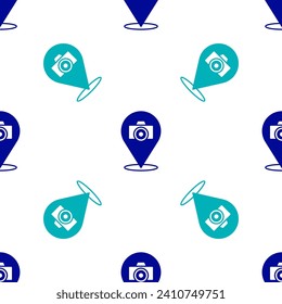 Blue Photo camera icon isolated seamless pattern on white background. Foto camera. Digital photography.  Vector