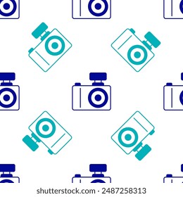 Blue Photo camera icon isolated seamless pattern on white background. Foto camera. Digital photography.  Vector