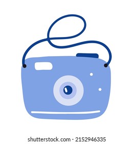 Blaue Fotokamera mit Objektiv, Vektorsymbol. Illustration im Cartoon-Stil für Aufkleber, Druck, Poster