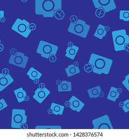 Blue Photo camera with screwdriver and wrench icon isolated seamless pattern on blue background. Adjusting, service, setting, maintenance, repair, fixing.  Vector Illustration