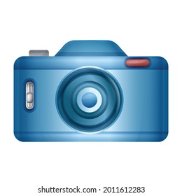 Blue photo camera sign. Photography picture or video creation studio. Professional photographer. Realistic optical digital equipment with lens. Snapshot, selfie, upload image album on site. Vector
