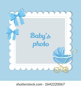 Blue photo frame for newborn boy with bows and baby stroller, perfect for baby shower, birth announcement or greeting card with "It's a boy" text