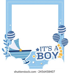 Blue Photocall Polaroid Frame For New Born Baby Boy With Blue White Stripe Balloons And Stroller 