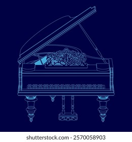 Blue piano design is shown in the image. The piano is open, revealing its intricate design. The blue color scheme gives the piano a classic and timeless appearance