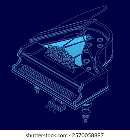 Blue piano with a keyboard and a lid. The piano is a grand piano, which is a type of piano that has a large soundboard and a long, narrow body