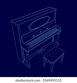 Blue piano with a oval mirror on top of it. The piano is shown in a stylized way, with the keys and pedals drawn in a blue outline. Concept of elegance and sophistication