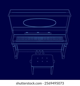 Blue piano with a stool in front of it. The piano is a stylized drawing of a piano, and the stool is a simple design. Concept of calm and relaxation, as the piano