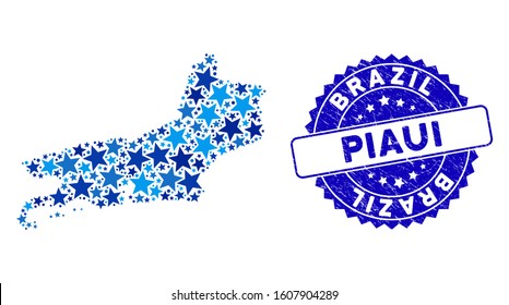 Blue Piaui State map collage of stars, and grunge rounded seal. Abstract territory scheme in blue color tinges. Vector Piaui State map is designed with blue stars.