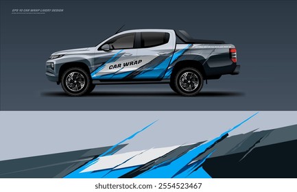 Blue pick up truck truck double cabin branding sport rally Pick up truck touch of black, mockup with racing wrap decal or livery design.