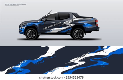 Blue 
pick up truck truck double cabin branding sport rally Pick up truck touch of black, mockup with racing wrap decal or livery design.