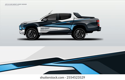 Blue pick up truck truck double cabin branding sport rally Pick up truck touch of black, mockup with racing wrap decal or livery design.