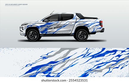 Blue pick up truck truck double cabin branding sport rally Pick up truck touch of black, mockup with racing wrap decal or livery design.