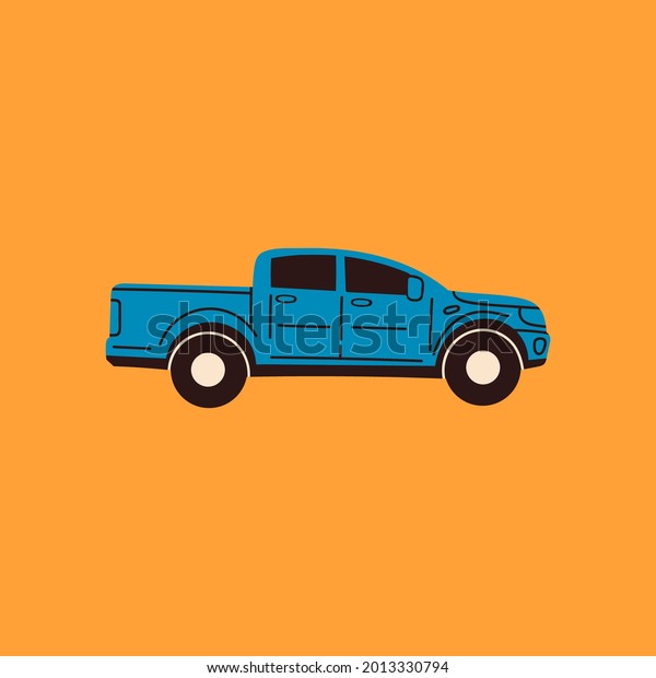Blue pickup car or truck. Side view. Colored isolated\
Icon. Logo, print template. Automobile, Vehicle, motor transport\
concept. 